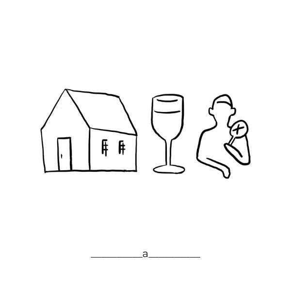 Simple black line drawing of a house, wine glass, and person with a drink.