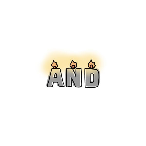 The word 'AND' with candle-like symbols on a white background