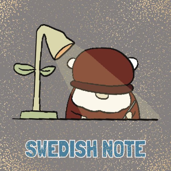 Cartoon Björn with a lamp and the text 'Swedish Note' on a gray background