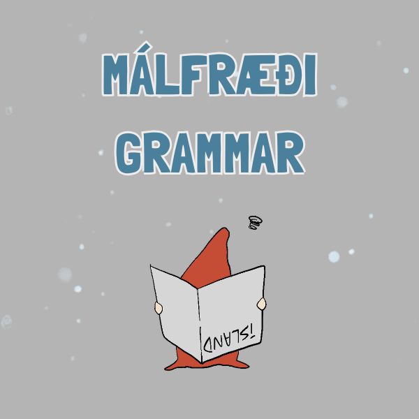 Text 'Málfræði Grammar' with a cartoon character holding a book on a gray background