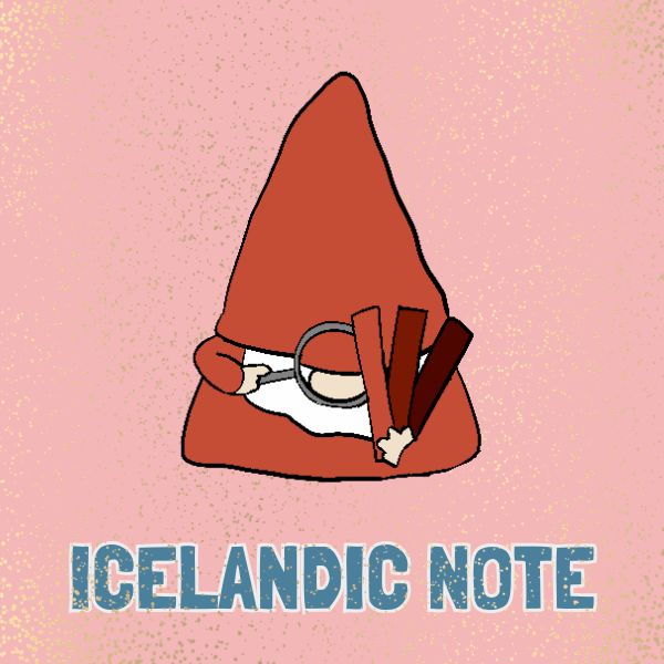Illustration of a red hat with a belt on a pink background with 'ICELANDIC NOTE' text.