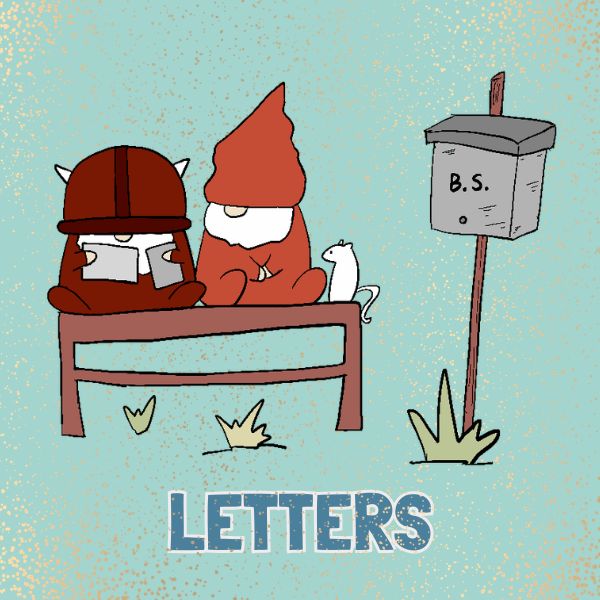 Cartoon characters sitting on a bench with a mailbox labeled 'B.S.' and the word 'LETTERS' below.