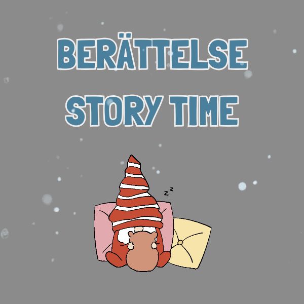 Cartoon character in a red hat and outfit with 'BERÔTTELSE STORY TIME' text on a gray background.