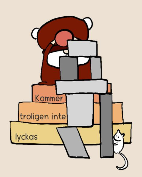 A whimsical illustration on a warm beige background showing Björn behind a stack of blocks with Swedish text, plus a small white mouse at the base.