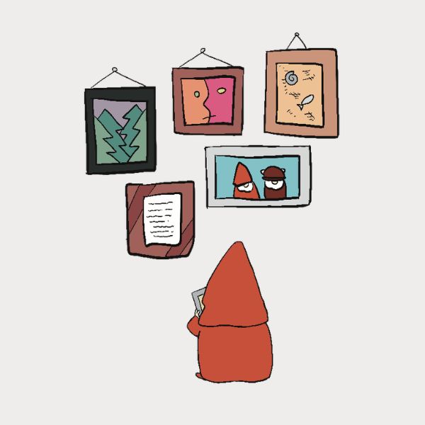 Illustration of a small red creature Sveinn looking at framed pictures on a wall.