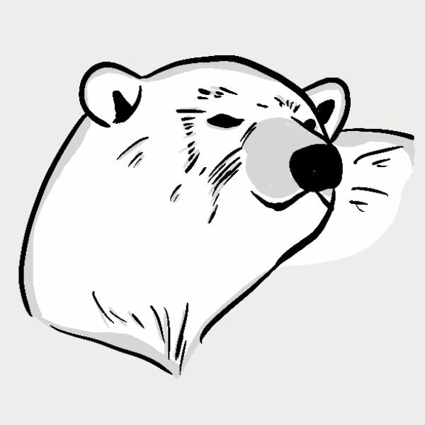 A minimalist black and white line art illustration of a bear's head.
