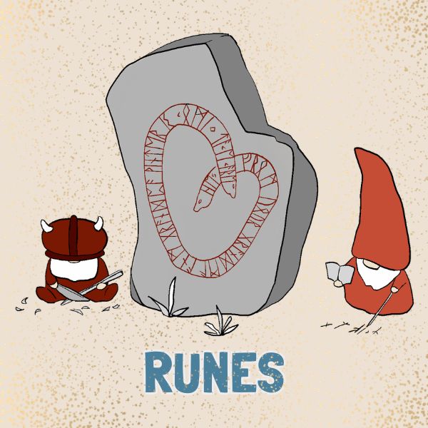 Two cartoon characters, Björn and Sveinn, standing next to a stone with runic inscriptions on a beige background.