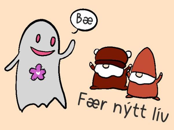 A gray body with a purple flower and a speech bubble that says 'Bæ,' alongside Björn and Sveinn 'Fær nýtt lív'