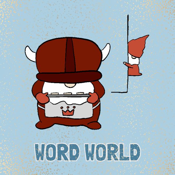 Cartoon character with a hat and apron holding a sign, with 'WORD WORLD' text on a blue background.