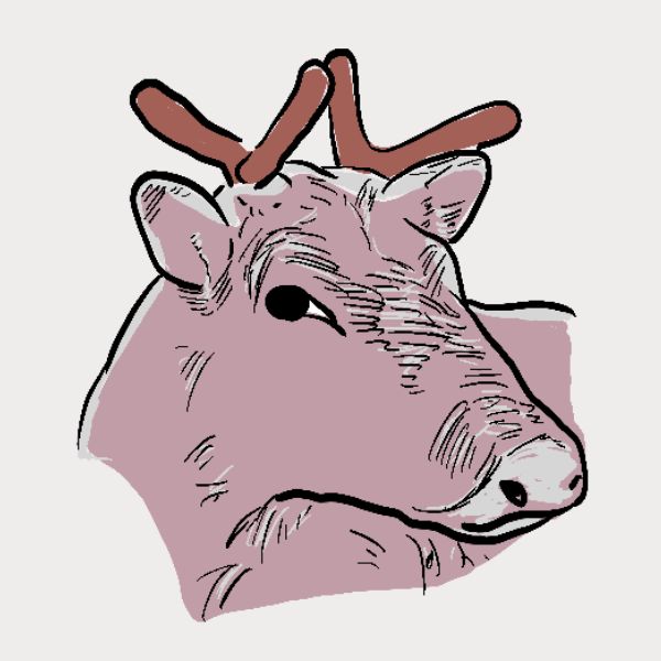 A stylized illustration of deer head with brown antlers, outlined in black.