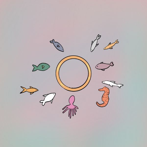 Fishes, octopus and sea horse surround a circle.