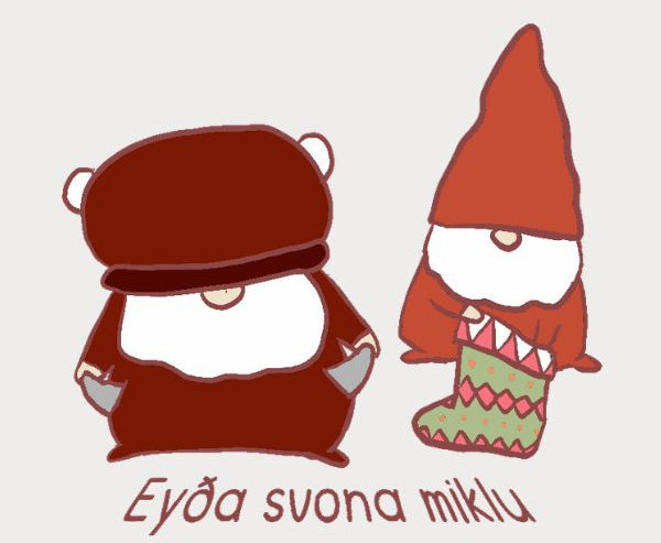 Björn and Sveinn, with the text 'Eyða svona miklu' below them. Sveinn holding a green and red patterned stocking.