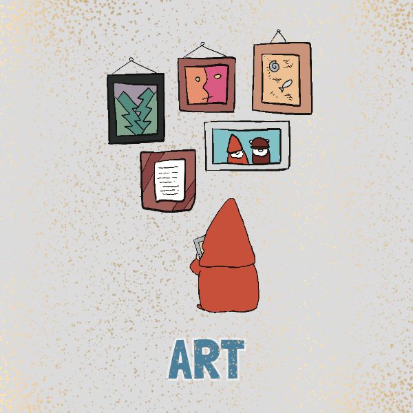 Illustration of a small red creature looking at framed artworks on a wall with 'ART' written below.