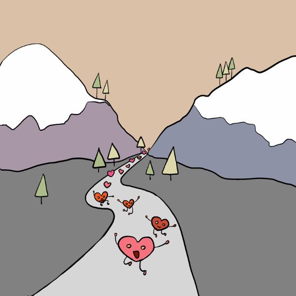 A whimsical hand-drawn landscape illustration showing a winding road through a mountain valley, with small smiling hearts running along the path and snow-capped mountains in the background.