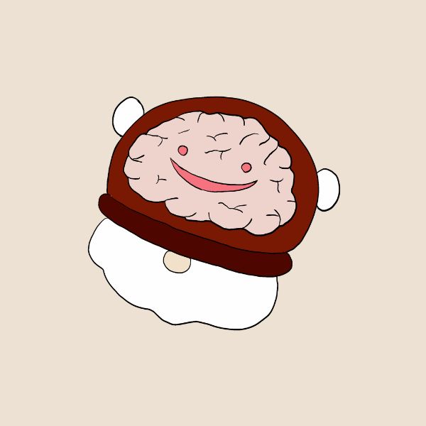 A cartoon-style illustration of a round, white, brain-like character wearing a brown hat.