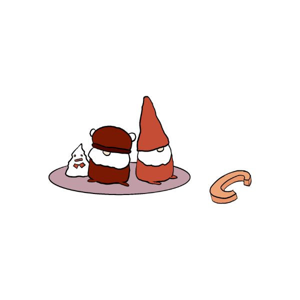 A minimalist cartoon illustration on a white background showing three small character figures on a round platform, with one peach-colored curved object floating to the right.
