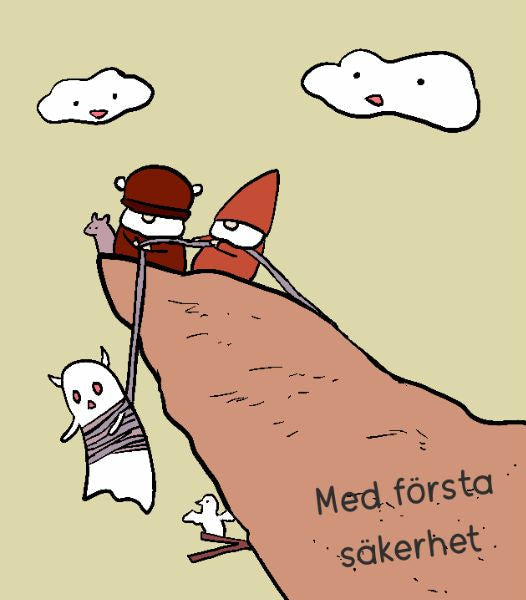 Björn and Sveinn on a large brown slope, with a white cloud character with a pink mouth above and the Swedish text 'Med första säkerhet' printed on the slope.