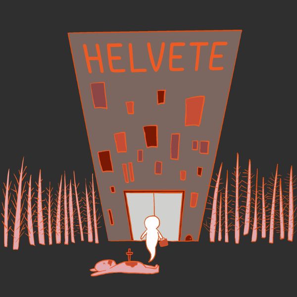 A stylized illustration of a tall gray building with the word "HELVETE" in orange at the top, surrounded by sparse pinkish trees on both sides. A small white figure stands at the entrance holding a small bag, while a pale pink figure lies on the ground in front with a cross nearby.