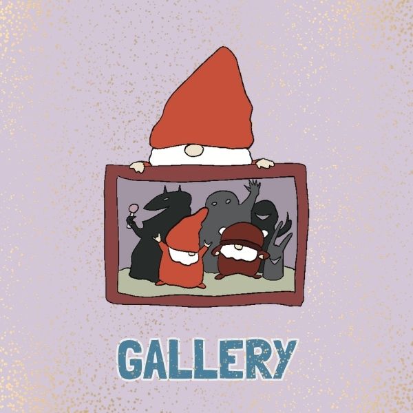A stylized illustration on a light lavender background with subtle gold speckles. Sveinn in an orange-red hat peeks over a framed picture showing several whimsical dark figures, with the word "GALLERY" below in blue textured letters.