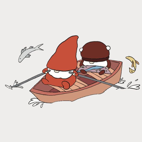 Cartoon Sveinn and Björn rowing a boat with fishes nearby