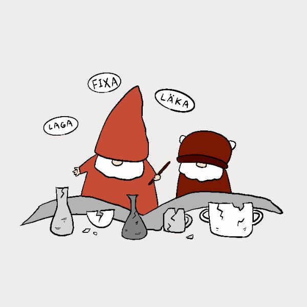 Björn and Sveinn are checking magic book to fix broken stuff