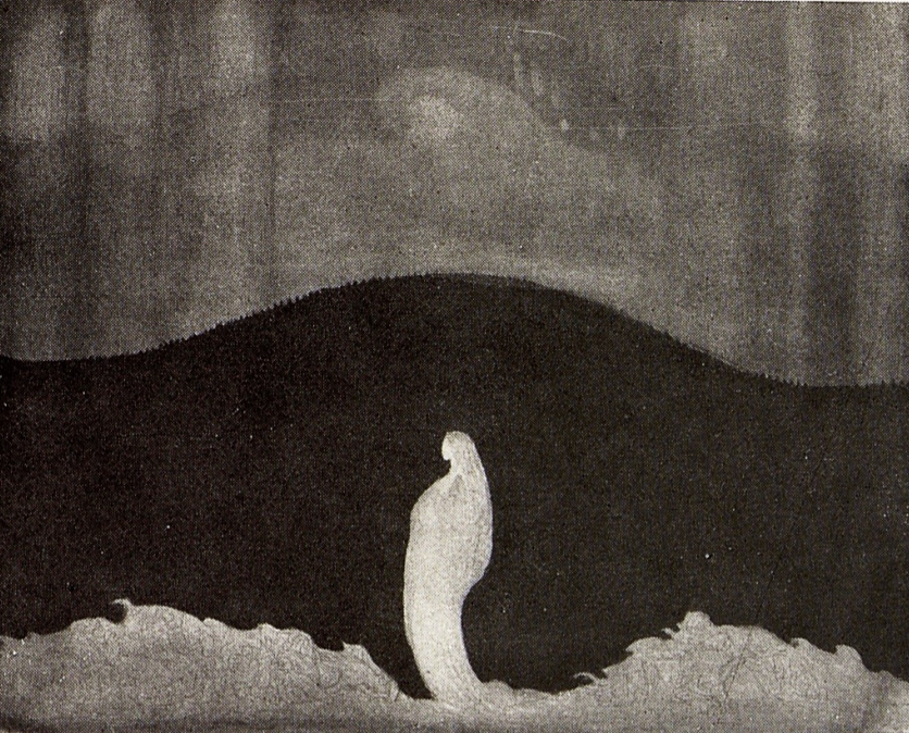Monochromatic illustration of a figure standing on a snowy landscape with a dark, clouded sky.