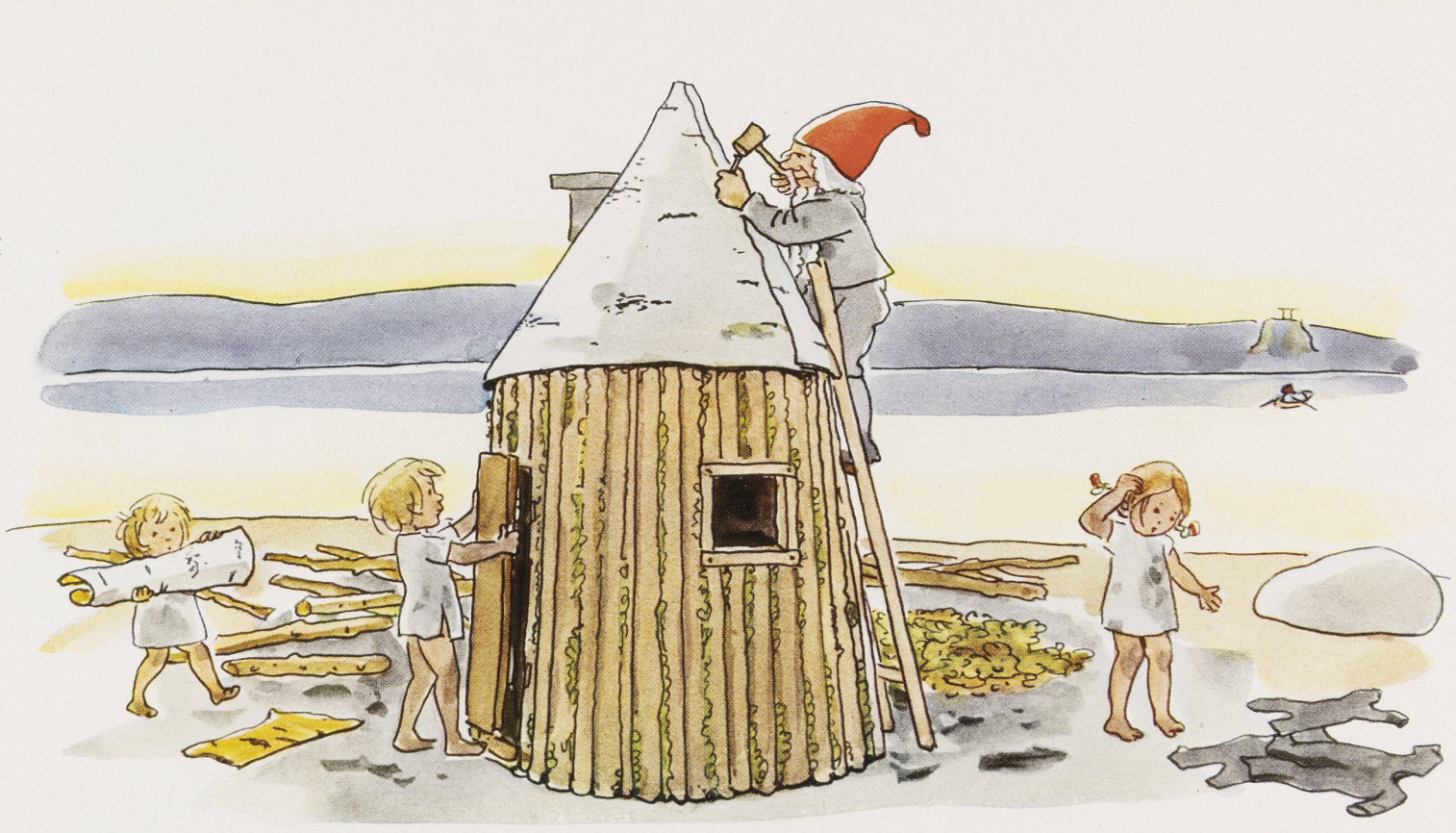 Illustration of a child building a wooden house on a beach.