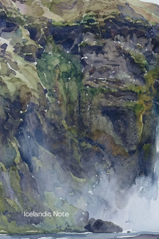 Book cover with watercolor illustration of a waterfall and text about Icelandic grammar tips.
