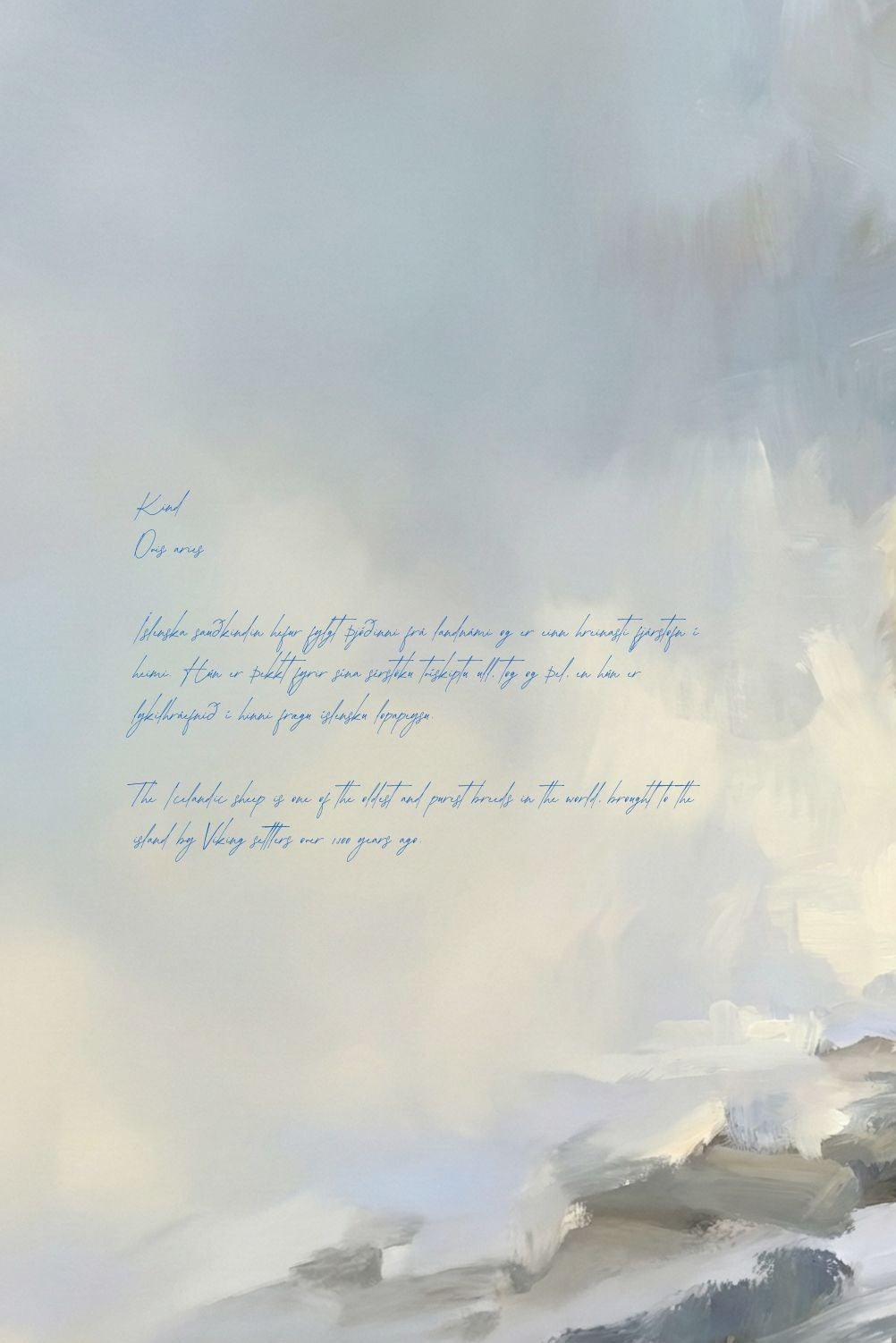 Two sheep standing on a rocky surface with a misty background