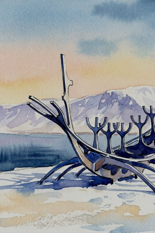 Book cover with Icelandic grammar tips and a watercolor illustration of a sculpture and mountains.