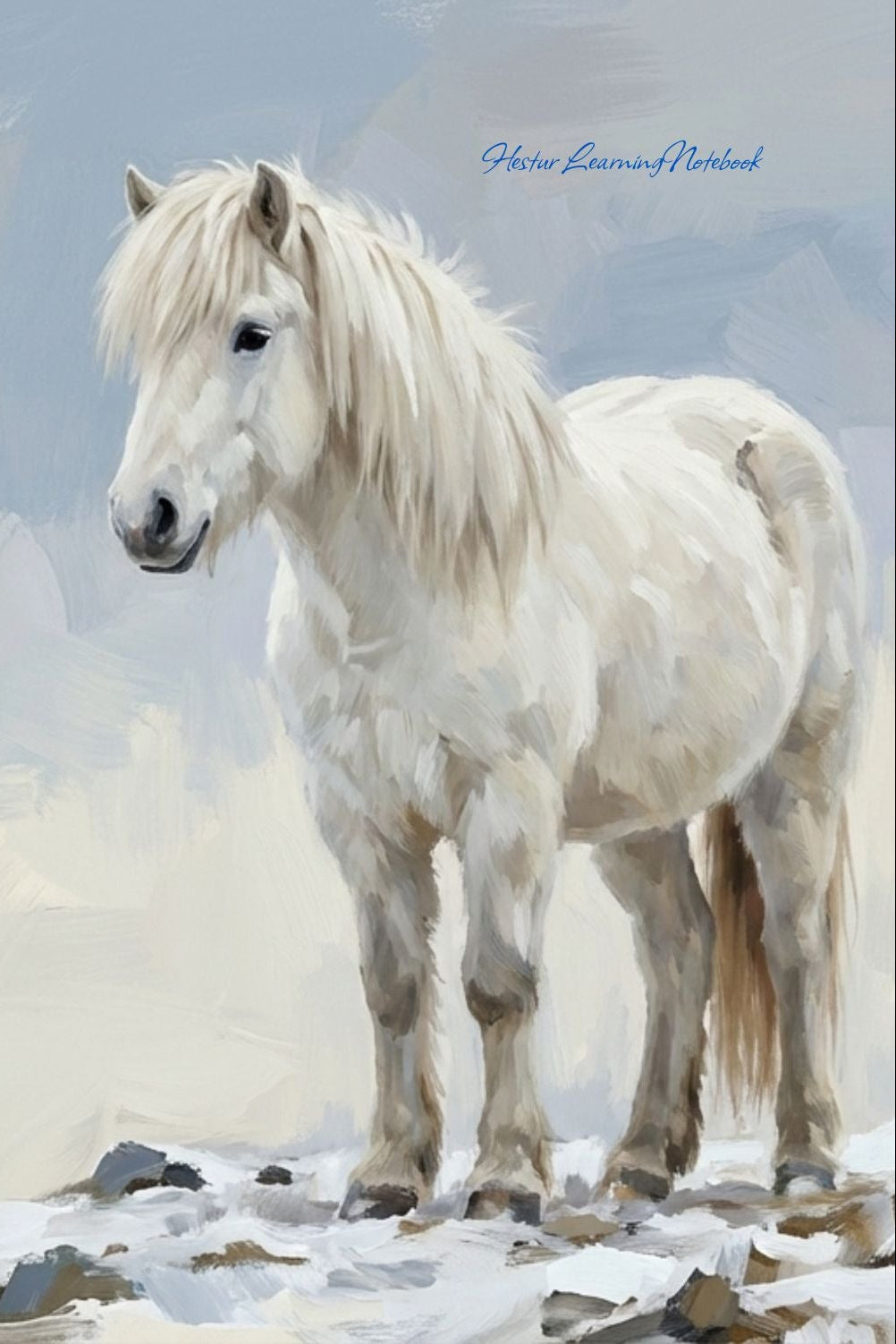 White horse standing on a snowy landscape with a soft, blurred background