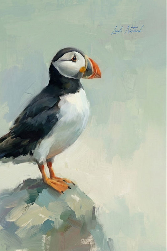 Painting of a puffin on a rock with a light green background