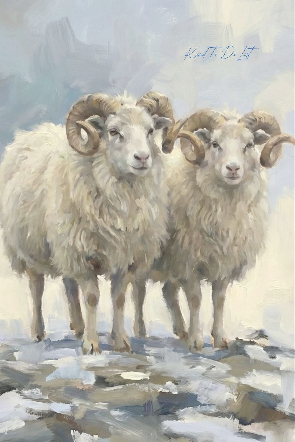 Two sheep standing on a rocky surface with a misty background