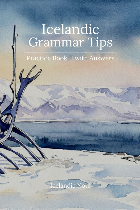 Book cover with Icelandic grammar tips and a watercolor illustration of Sun vogager and mountains.