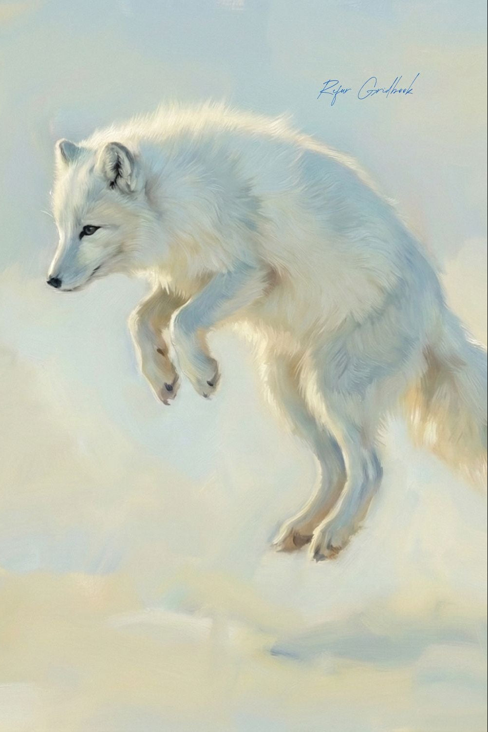 White wolf standing on a snowy landscape with soft lighting