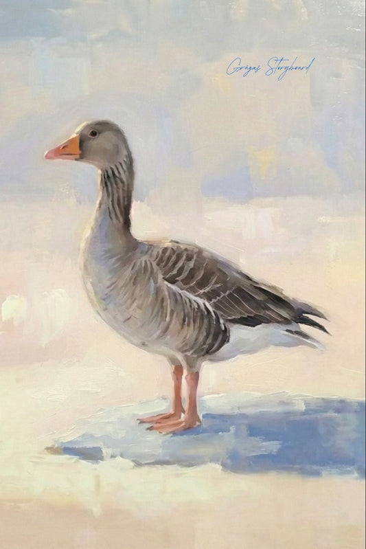 Painting of a goose standing on a snowy landscape with a soft, pastel sky.