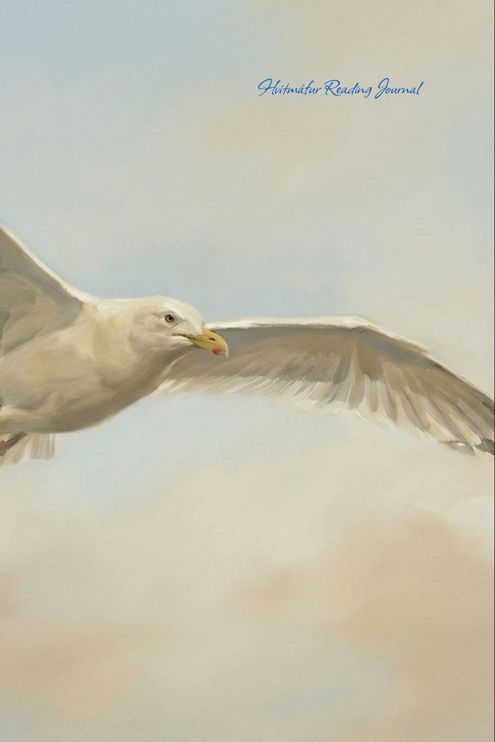 Seagull flying against a soft, blurred background with text overlay