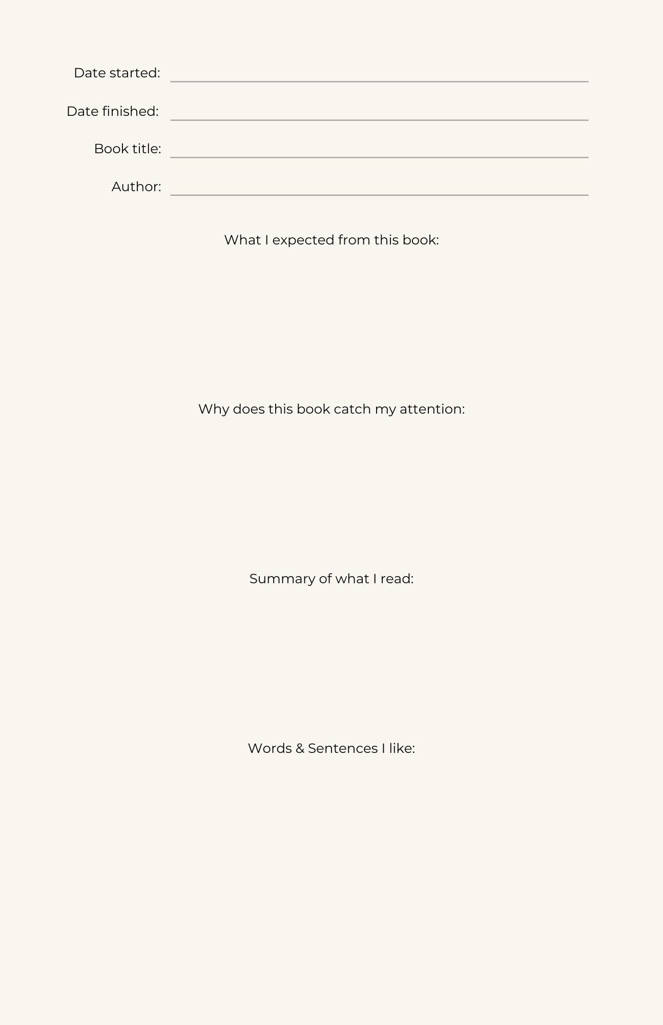 Blank book review form with various fields for input on a white background