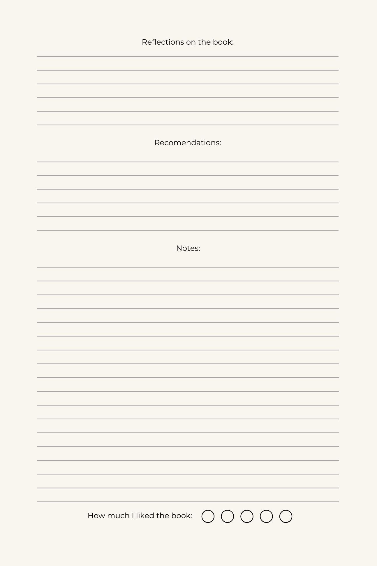Blank page with lined sections for reflections, recommendations, and notes on a white background.