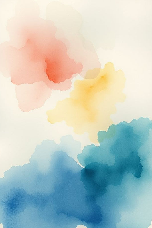 Abstract watercolor design with red, yellow, and blue on a light background