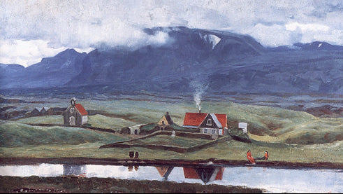 A landscape painting depicting a small village with red-roofed houses, a church, and a large dark mountain under a cloudy sky, reflected in a foreground body of water.