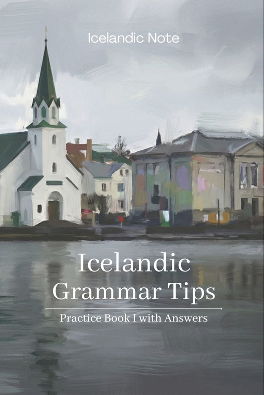 Book titled 'Icelandic Grammar Tips' with a scenic view of a town and church on water.